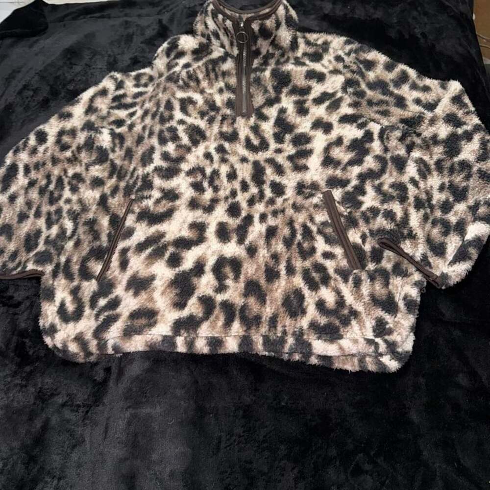 Cozy Sherpa Leopard Print Quarter Zip Fleece Pullover